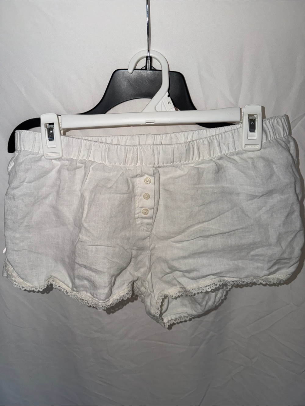 White Linen Lace Trim Button-Front Shorts